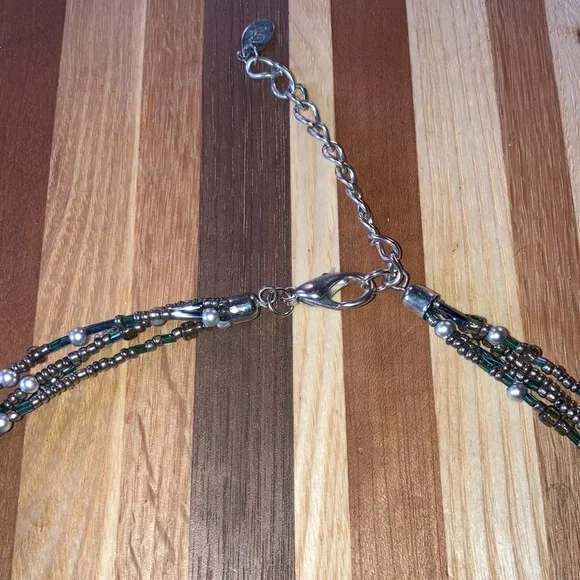 Handcrafted Beaded Necklace Teal Black Silver Glass Pendant - Picture 5 of 6